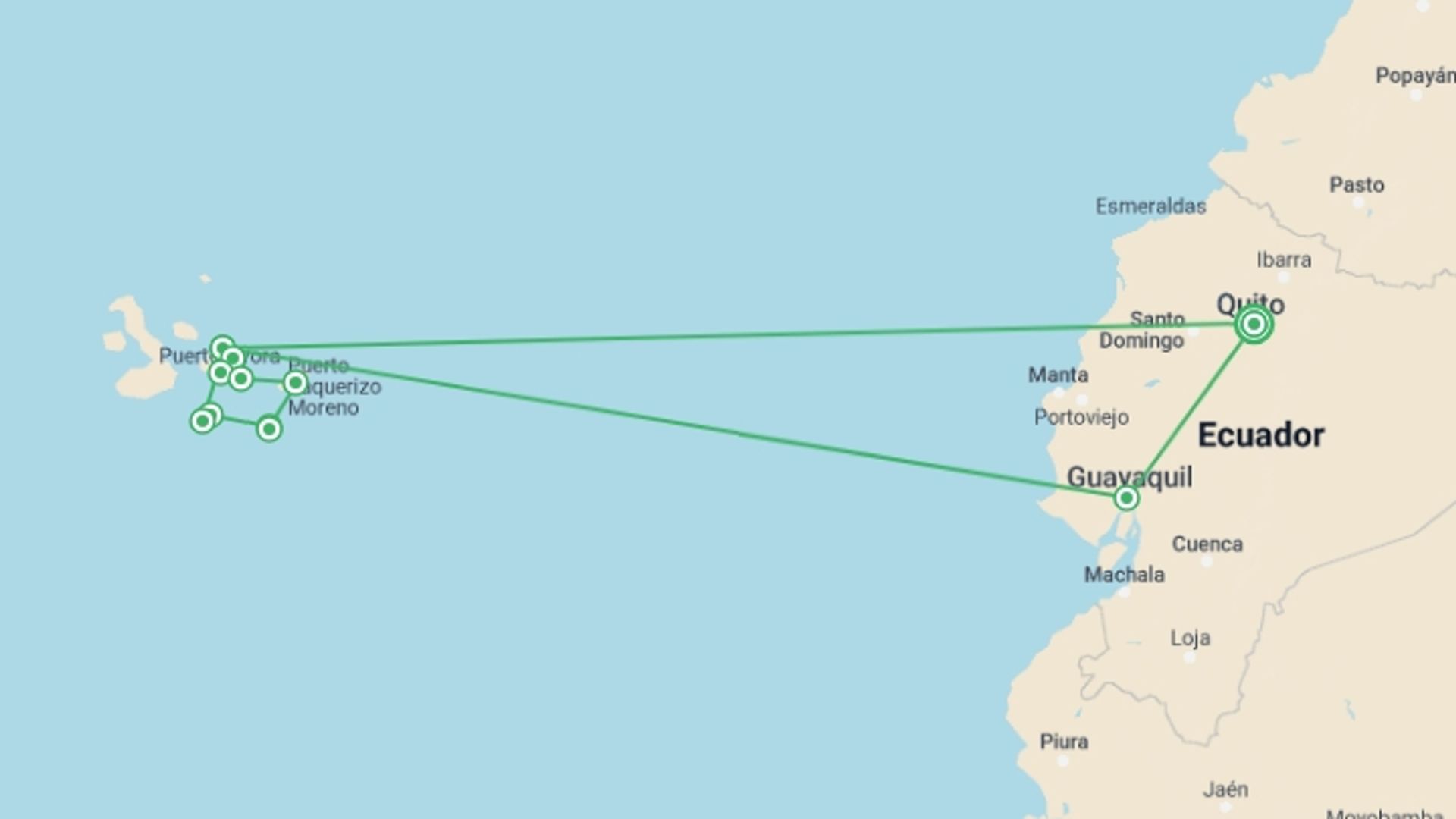 A map showing the tour itinerary for the trip: Galápagos — West & Central Islands aboard the Eden, starting in Quito, Ecuador and ending in Quito, Ecuador going through 5 other destinations.