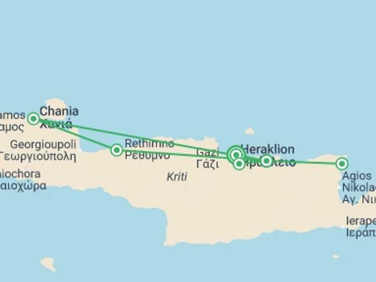 Map itinerary of Heraklion Tour in July 2026 with 2 destination visits for the trip: Treasures Of Crete, German-speaking Guide