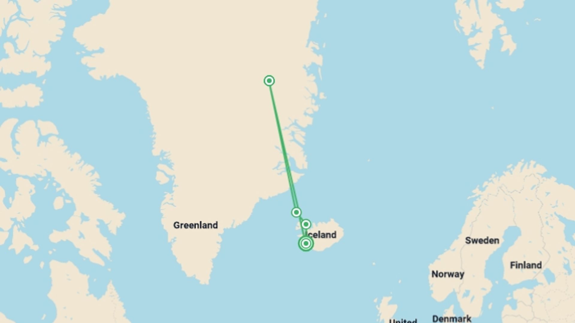 A map showing the tour itinerary for the trip: Iceland to Greenland: Total Solar Eclipse (17 days), starting in Reykjavik, Iceland and ending in Reykjavik, Iceland going through 4 other destinations.