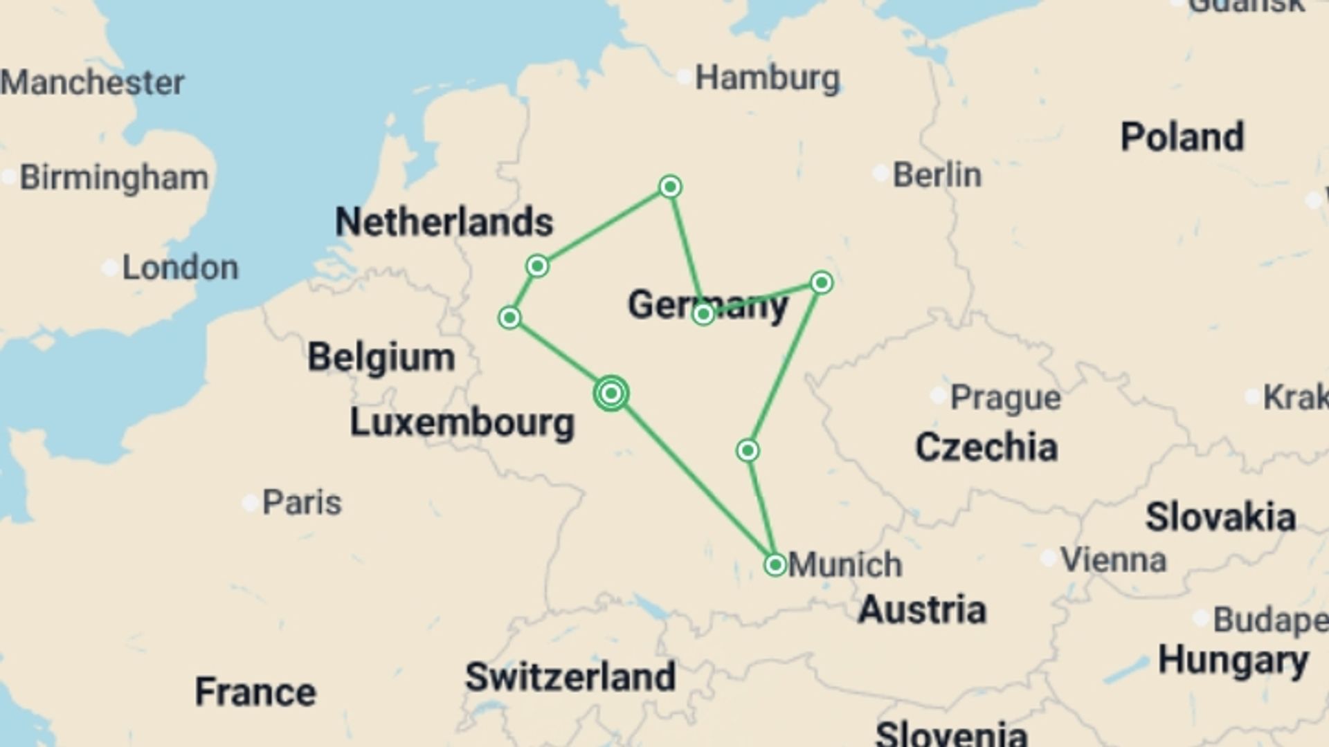 A map showing the tour itinerary for the trip: Tour of the Heart of Germany, starting in Frankfurt, Germany and ending in Frankfurt, Germany going through 6 other destinations.