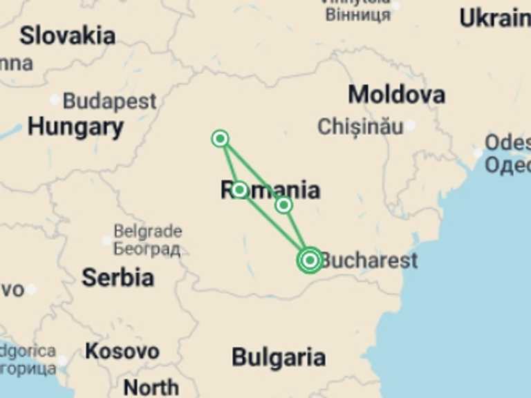 Map itinerary of Romania Tour in October 2025 with 4 destination visits for the trip: Transylvania Phantoms - 8 days