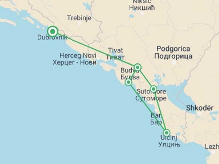 Map of Europe Tour with 5 destination visits for the trip: Coastal Montenegro