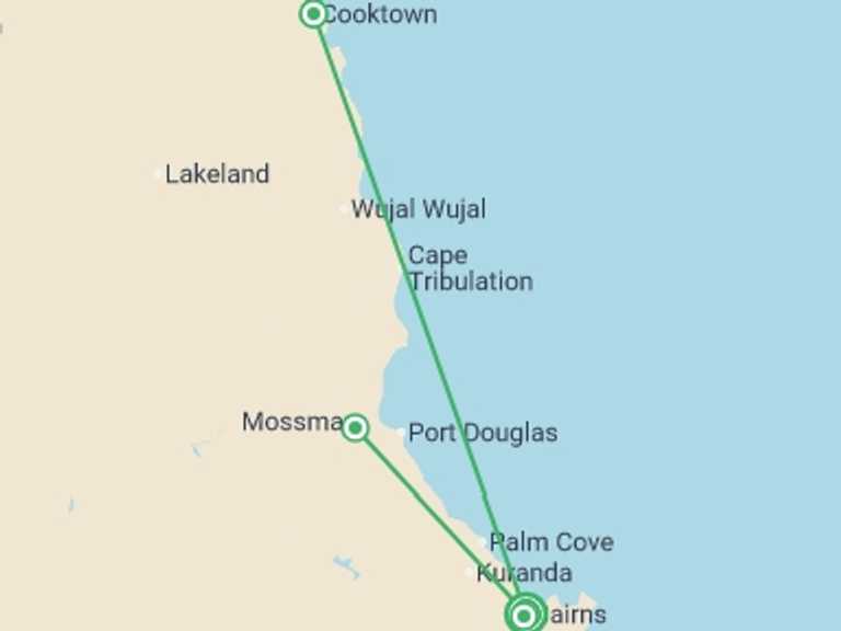 Map itinerary of Australia Tour in October 2027 with 2 destination visits for the trip: Daintree & Cape Tribulation Adventure