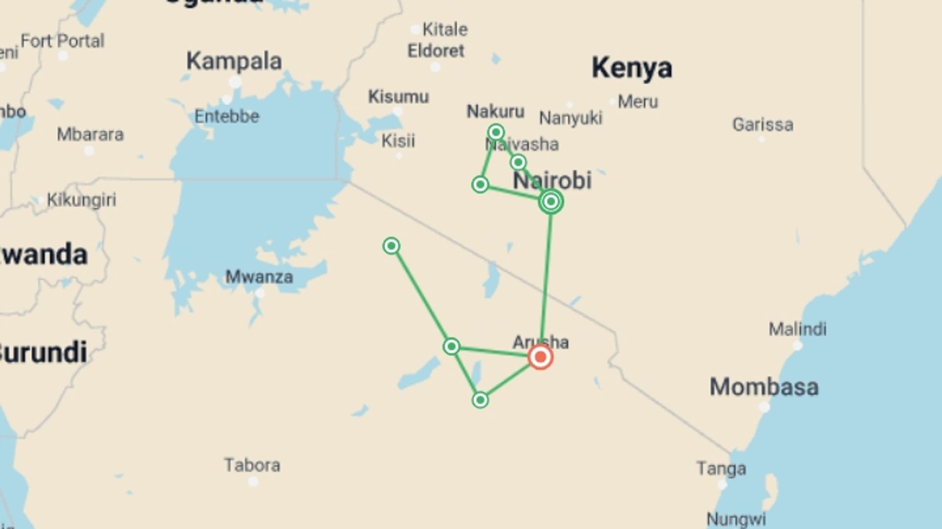 A map showing the tour itinerary for the trip: Premium Kenya & Tanzania, starting in Nairobi, Kenya and ending in Arusha, Tanzania going through 5 other destinations.