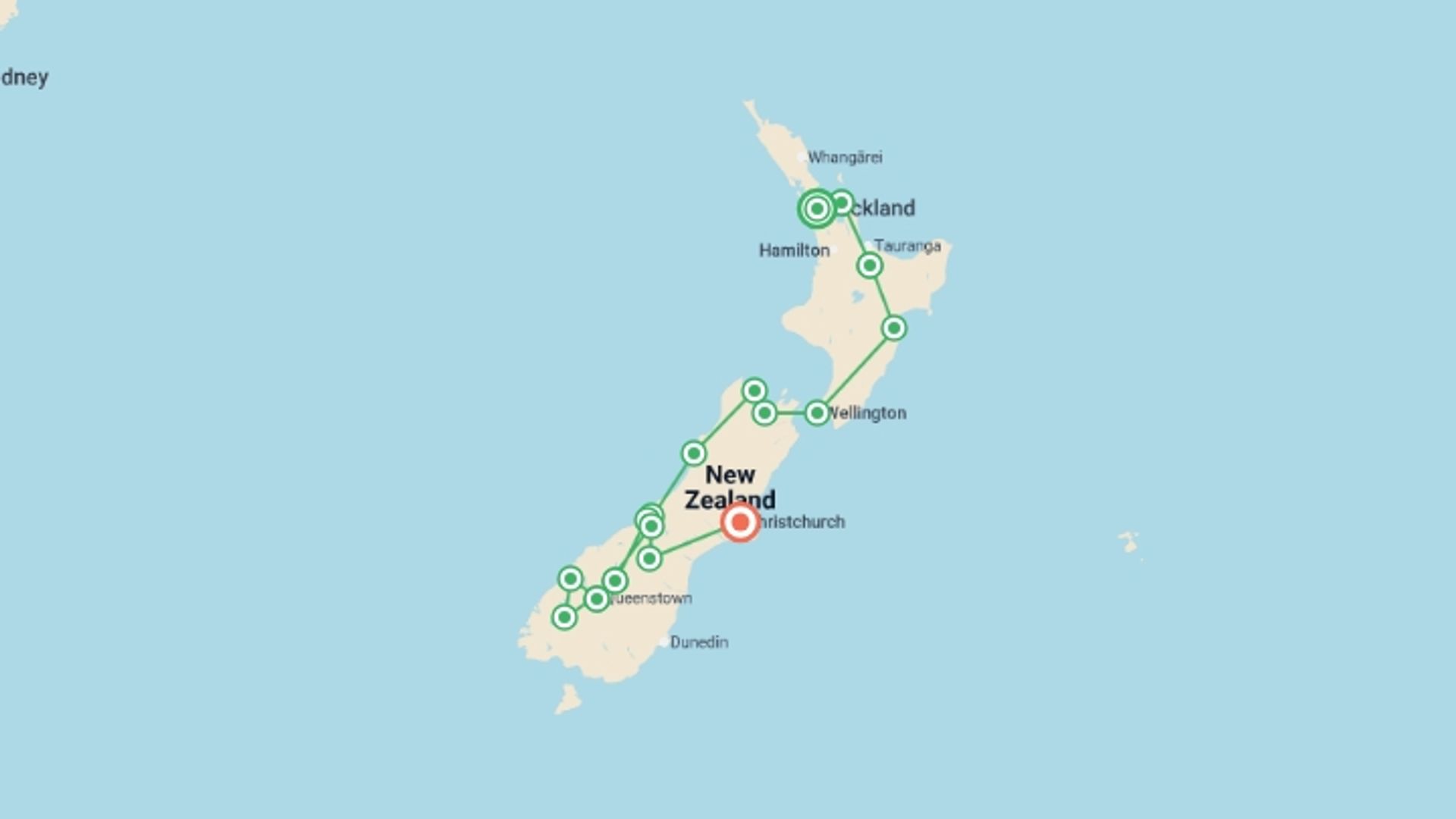 A map showing the tour itinerary for the trip: Remarkable New Zealand - 20 days, starting in Auckland, New Zealand and ending in Christchurch, New Zealand going through 12 other destinations.