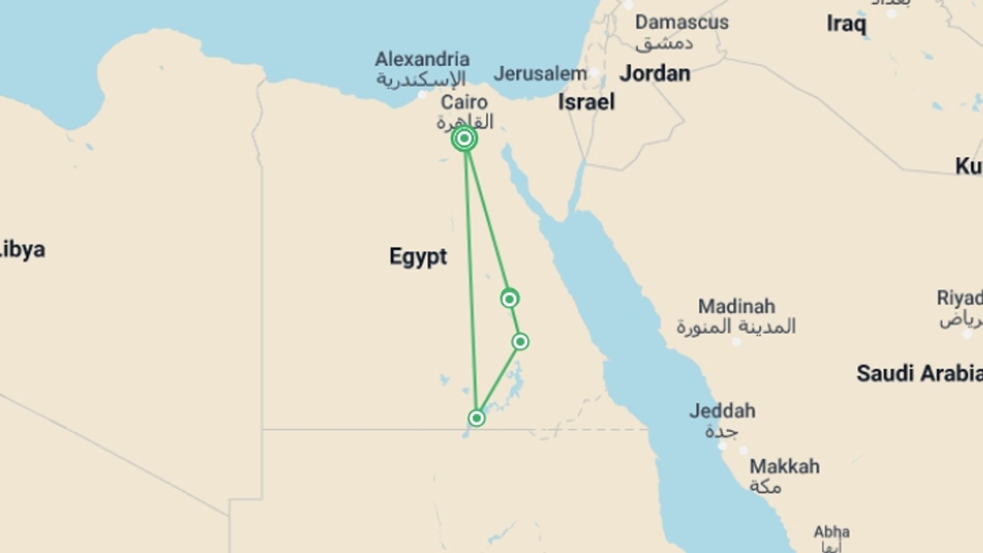 A map showing the tour itinerary for the trip: Royal Tour of Egypt Wonders of Ancient Egypt, starting in Cairo, Egypt and ending in Cairo, Egypt going through 7 other destinations.