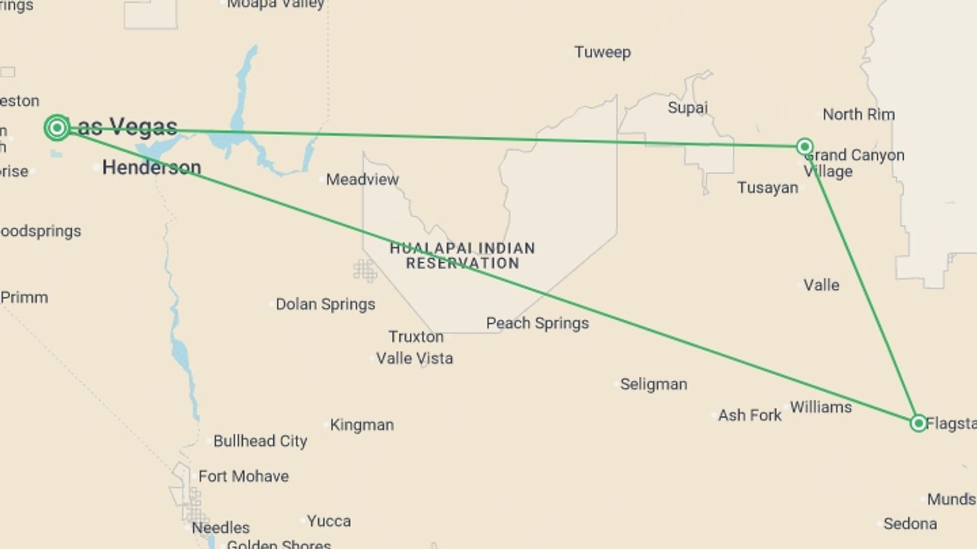 A map showing the tour itinerary for the trip: Special Las Vegas with Grand Canyon, starting in Las Vegas, USA and ending in Las Vegas, USA going through 1 other destinations.