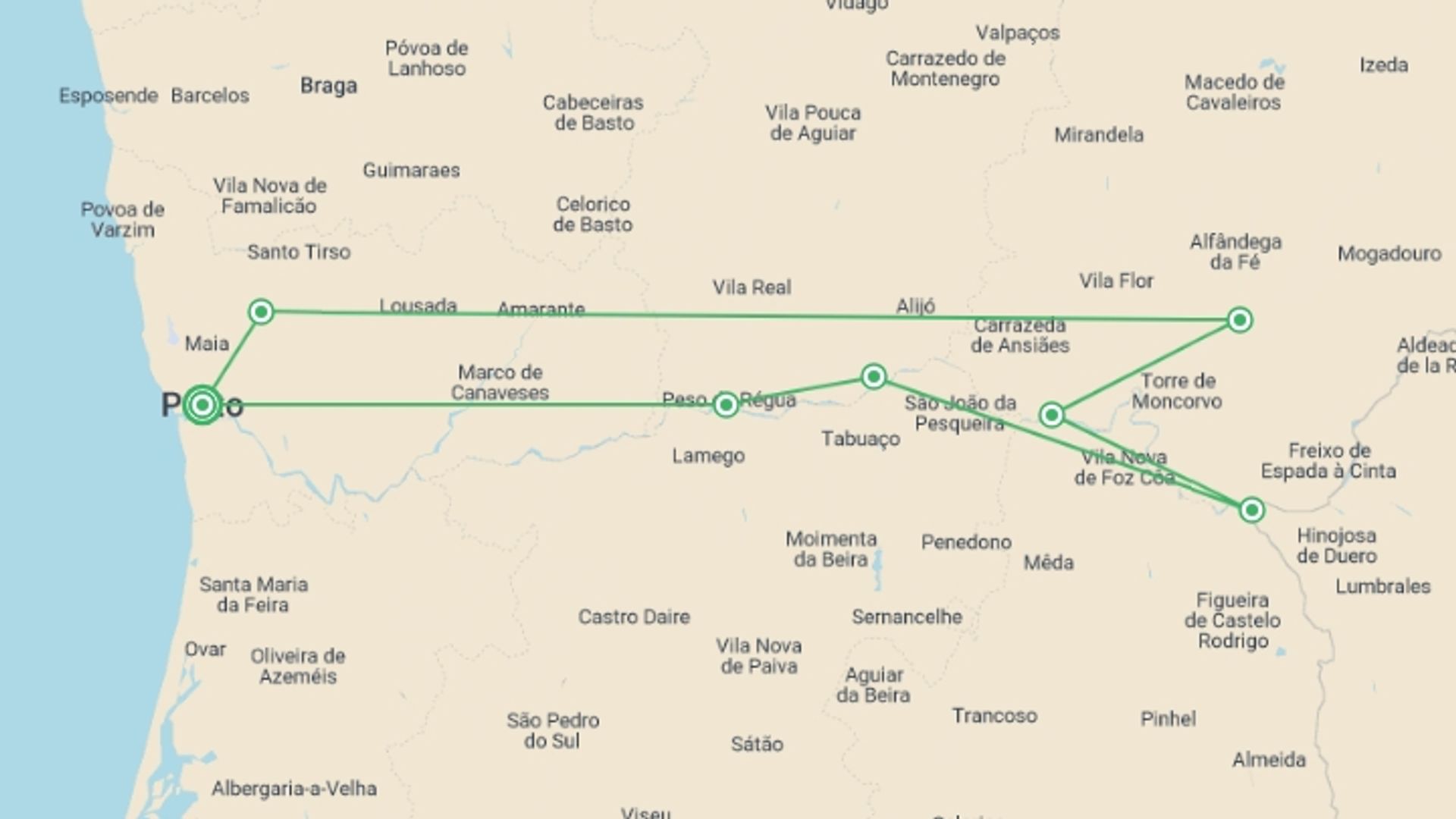 A map showing the tour itinerary for the trip: Family Club: Porto, the Douro valley (Portugal) and Salamanca (Spain) (port-to-port cruise), starting in Porto, Portugal and ending in Porto, Portugal going through 2 other destinations.