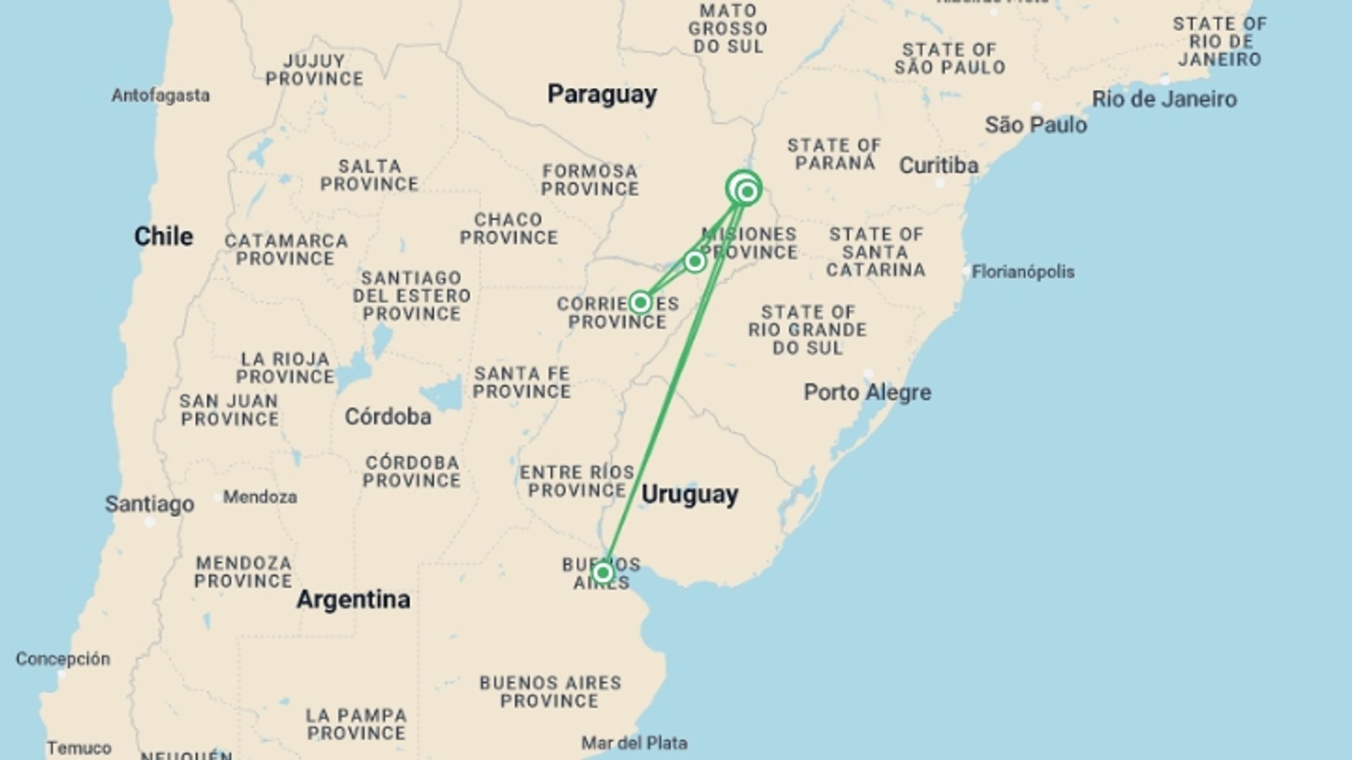 A map showing the tour itinerary for the trip: Jungle & Wetlands: Iguazu & Iberá, starting in Puerto Iguazu, Argentina and ending in Puerto Iguazu, Argentina going through 4 other destinations.
