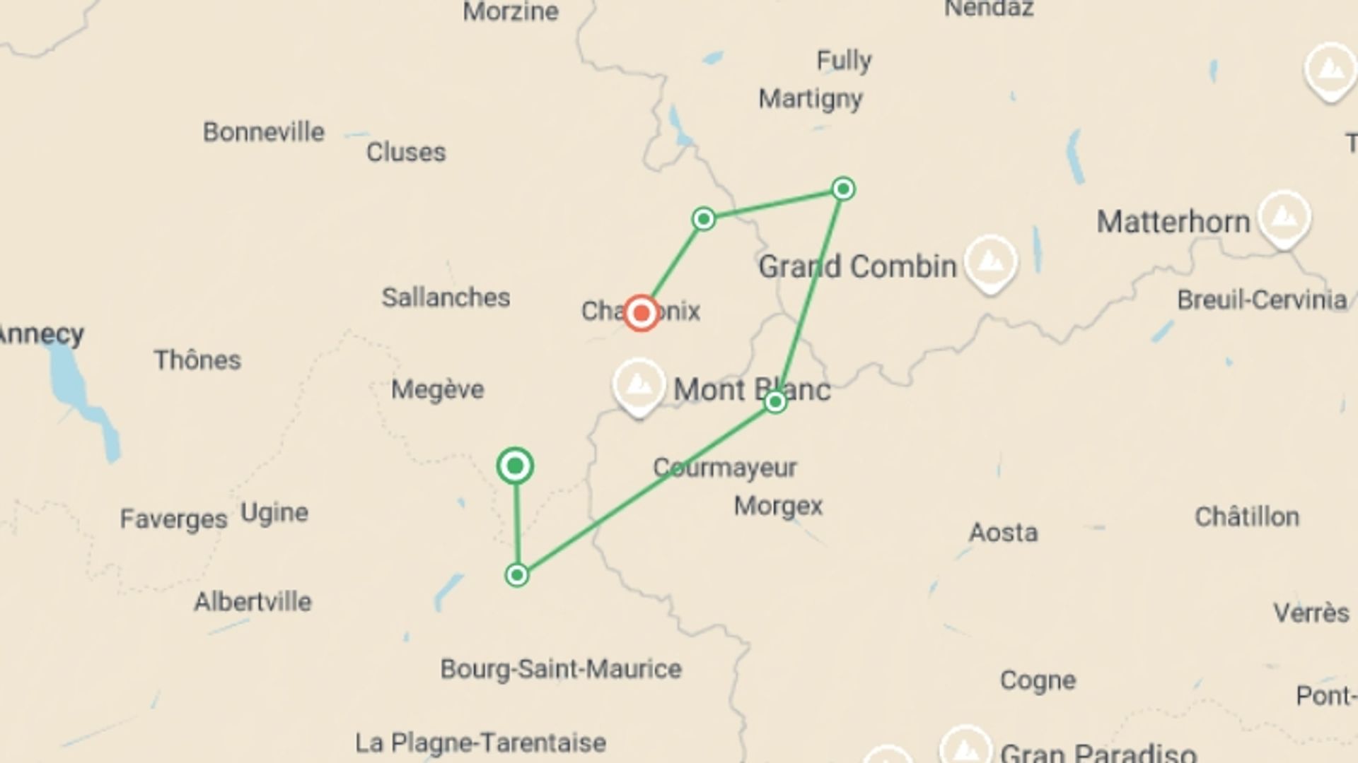 A map showing the tour itinerary for the trip: Express Tour du Mont-Blanc 5D/4N, starting in Notre Dame de la Gorge, France and ending in Chamonix, France going through 5 other destinations.