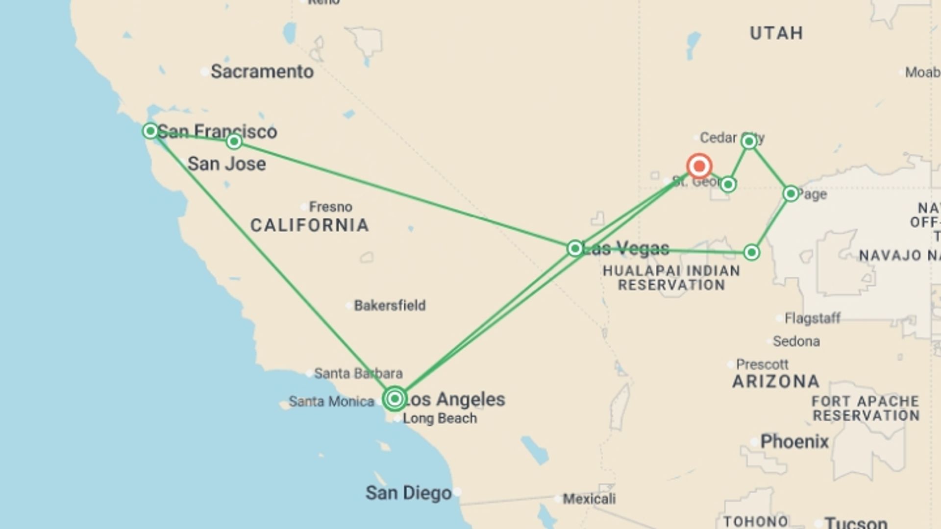 A map showing the tour itinerary for the trip: Los Angeles Loop - 7 days, starting in Los Angeles, USA and ending in Zion National Park, USA going through 5 other destinations.
