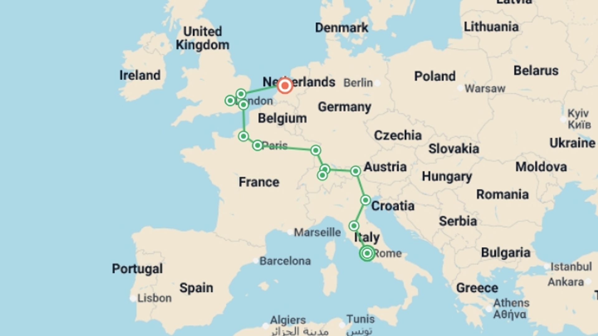 A map showing the tour itinerary for the trip: The Great Adventure, starting in Rome, Italy and ending in Amsterdam, Holland going through 7 other destinations.