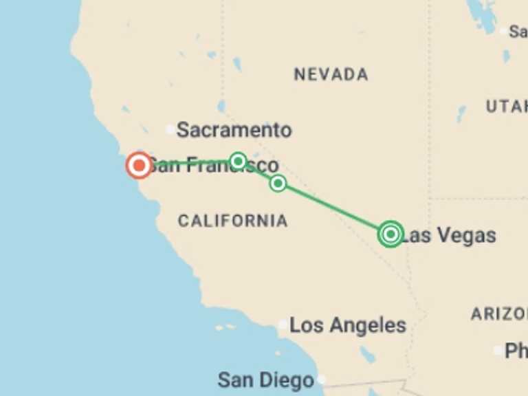 Map of North America Tour with 4 destination visits for the trip: Vegas to San Fran