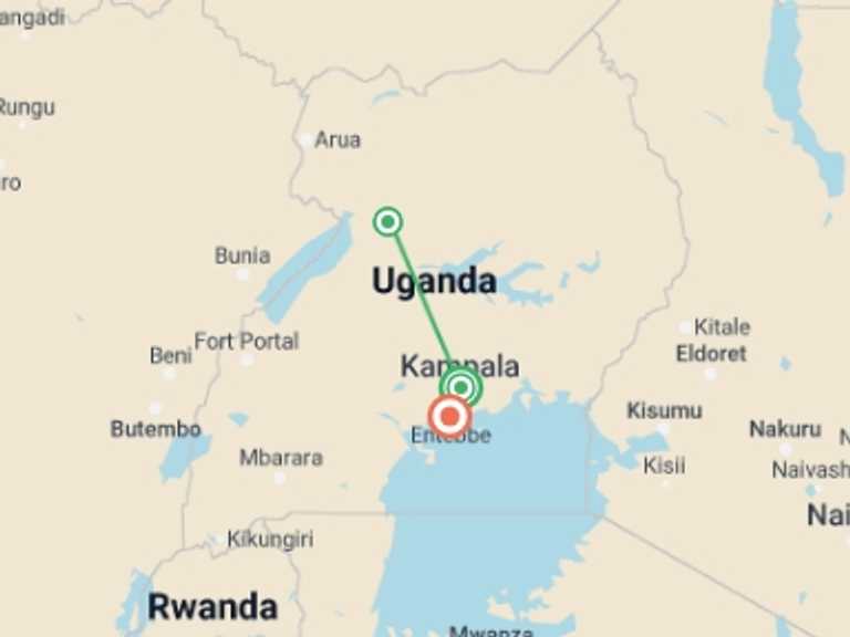 Map of a Wildlife safaris and game drives Tour with 3 destination visits for the trip: 3 Days Trip to Murchison Falls