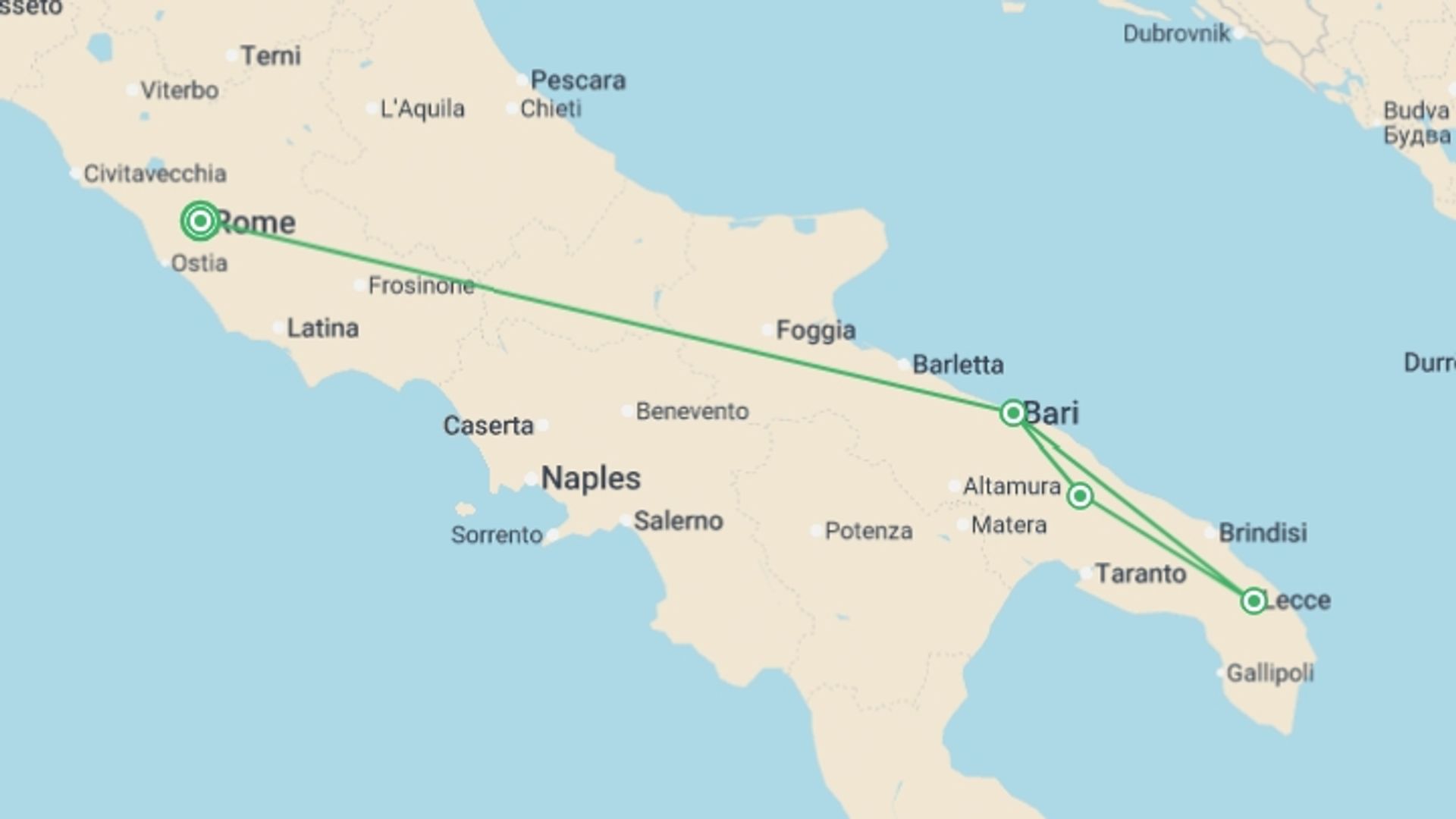 A map showing the tour itinerary for the trip: Highlights of Puglia from Rome - 11 days , starting in Rome, Italy and ending in Rome, Italy going through 3 other destinations.