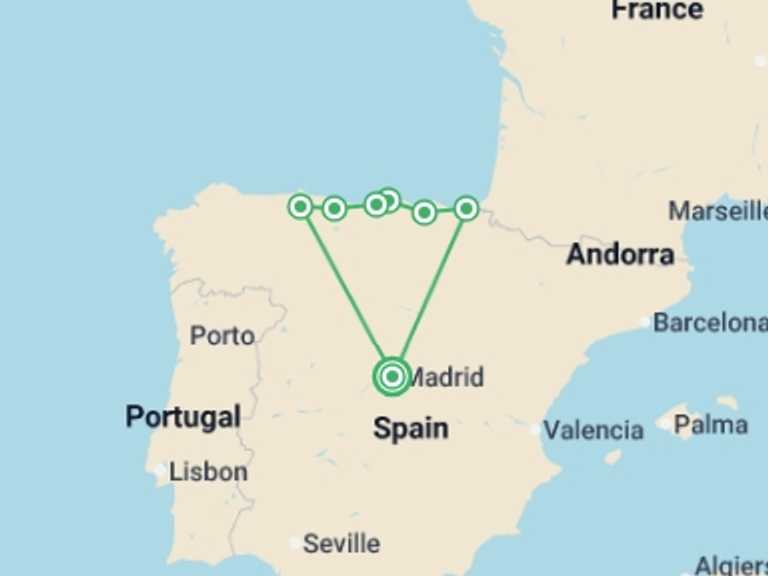 Map itinerary of Oviedo Tour in May 2026 with 5 destination visits for the trip: 4-day Guided Tour Basque Country And Oviedo From Madrid