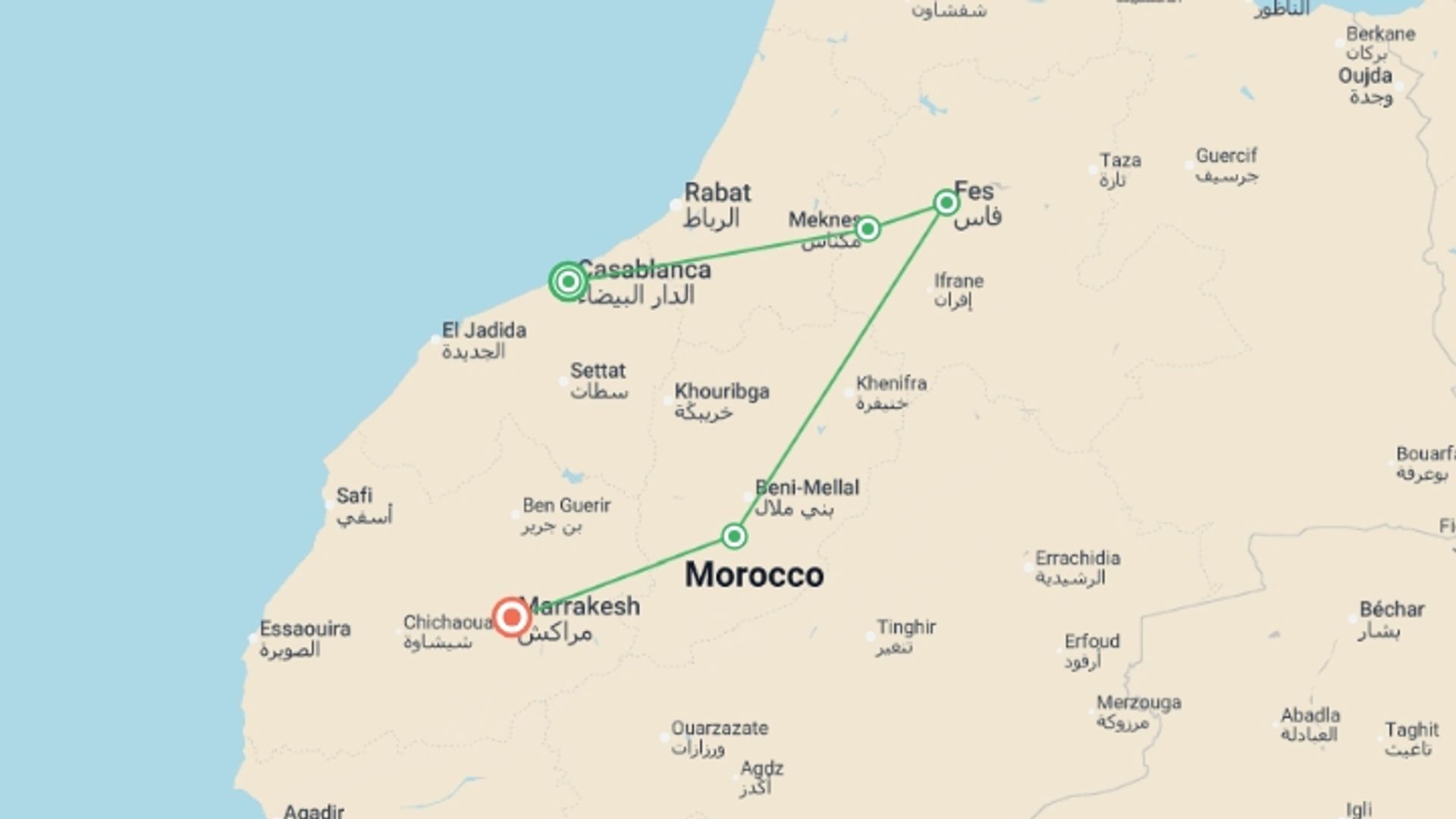 A map showing the tour itinerary for the trip: Premium Morocco Highlights, starting in Casablanca, Morocco and ending in Marrakech, Morocco going through 3 other destinations.