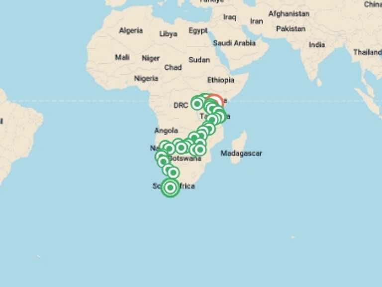 Map of Africa Wildlife safaris and game drives Tour with 43 destination visits for the trip: Africa Encompassed Northbound