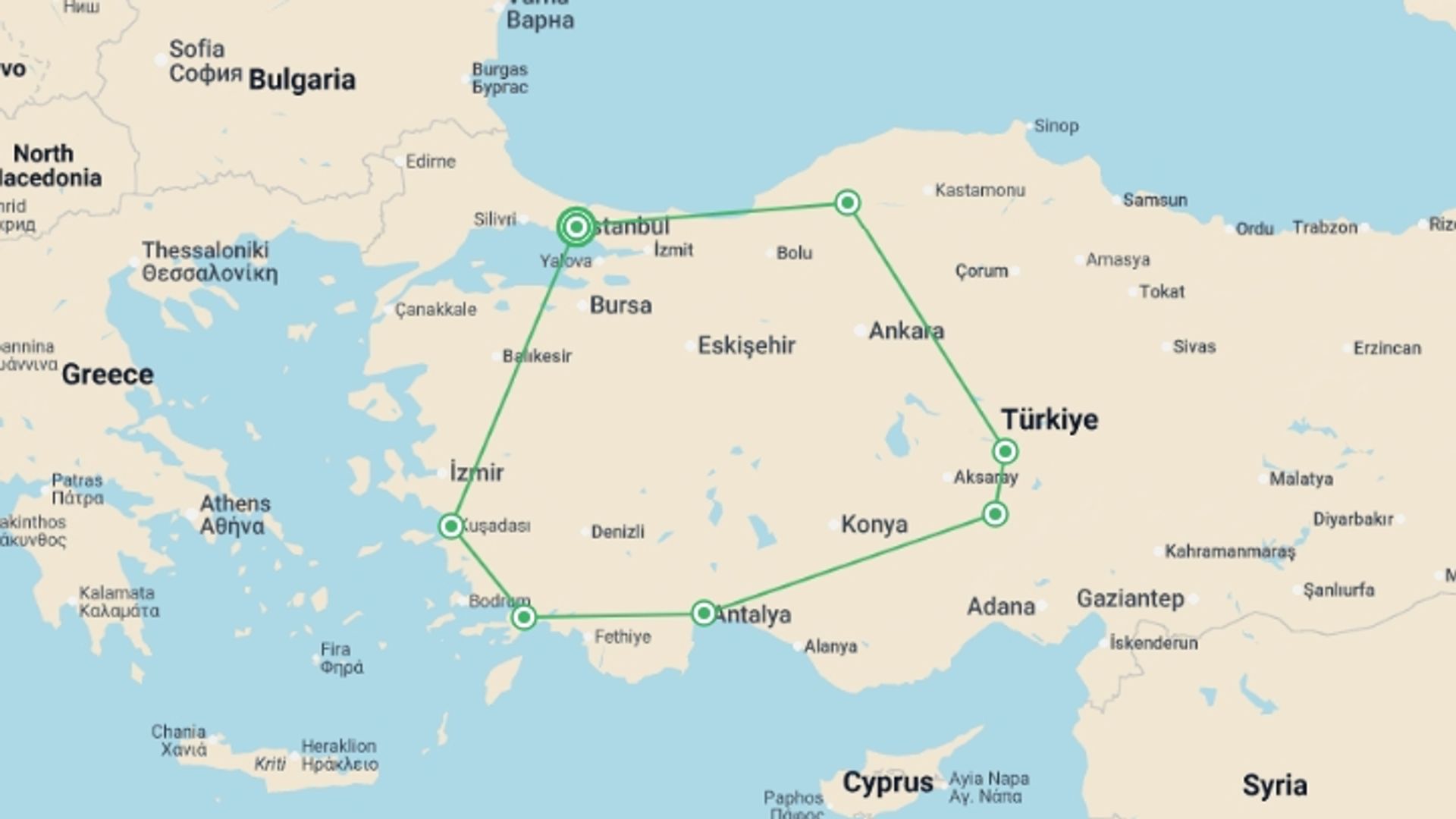 A map showing the tour itinerary for the trip: Turkish Panorama, starting in Istanbul, Turkey and ending in Istanbul, Turkey going through 6 other destinations.