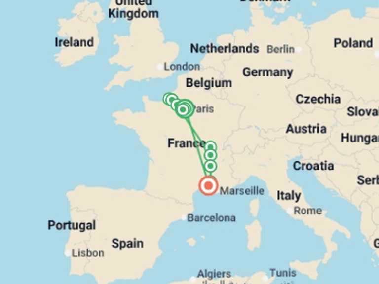 Map itinerary of Mediterranean Tour in March 2027 with 10 destination visits for the trip: Grand France (2027)