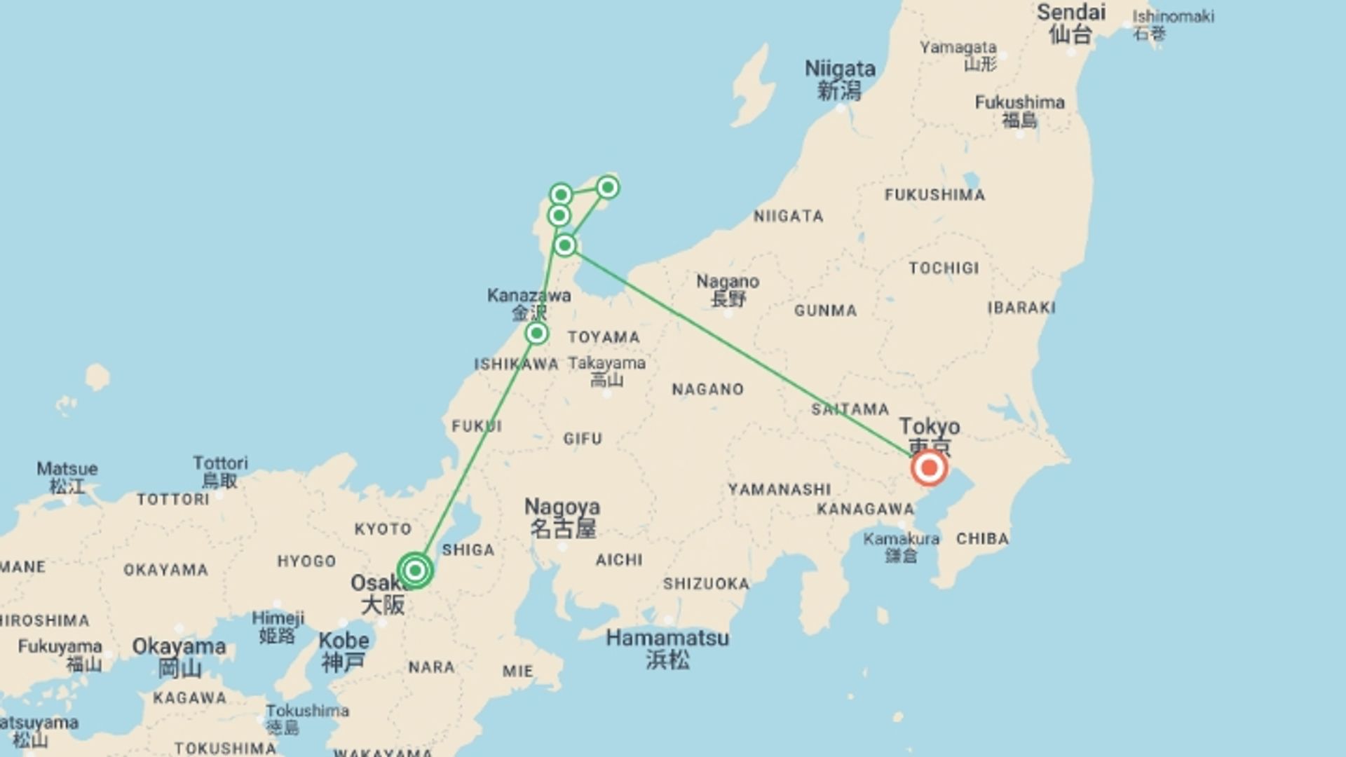 A map showing the tour itinerary for the trip: Cycle Japan, starting in Kyoto, Japan and ending in Tokyo, Japan going through 6 other destinations.