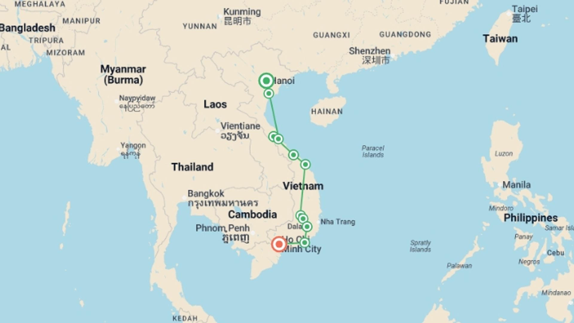 A map showing the tour itinerary for the trip: Vietnam Highlights & Hidden Gems - 15 days, starting in Hanoi, Vietnam and ending in Ho Chi Minh City, Vietnam going through 9 other destinations.