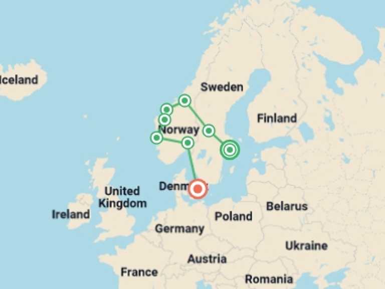 Map of Europe Tour with 8 destination visits for the trip: Legendary Fjords End Copenhagen