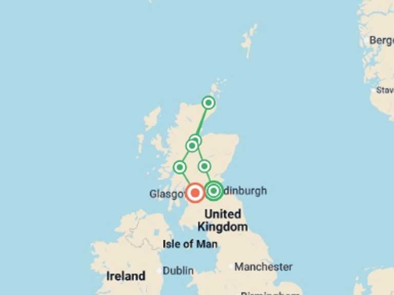 Map of a City sightseeing Tour with 5 destination visits for the trip: Discover Scotland featuring the Royal Edinburgh Military Tattoo