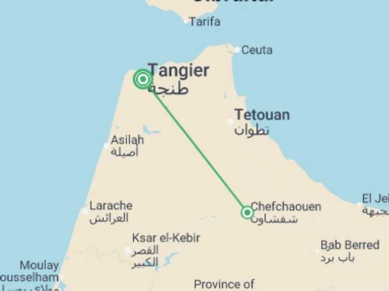 Map itinerary of Mediterranean Tour in March 2027 with 1 destination visits for the trip: Tangier & Chefchaouen - 4 days
