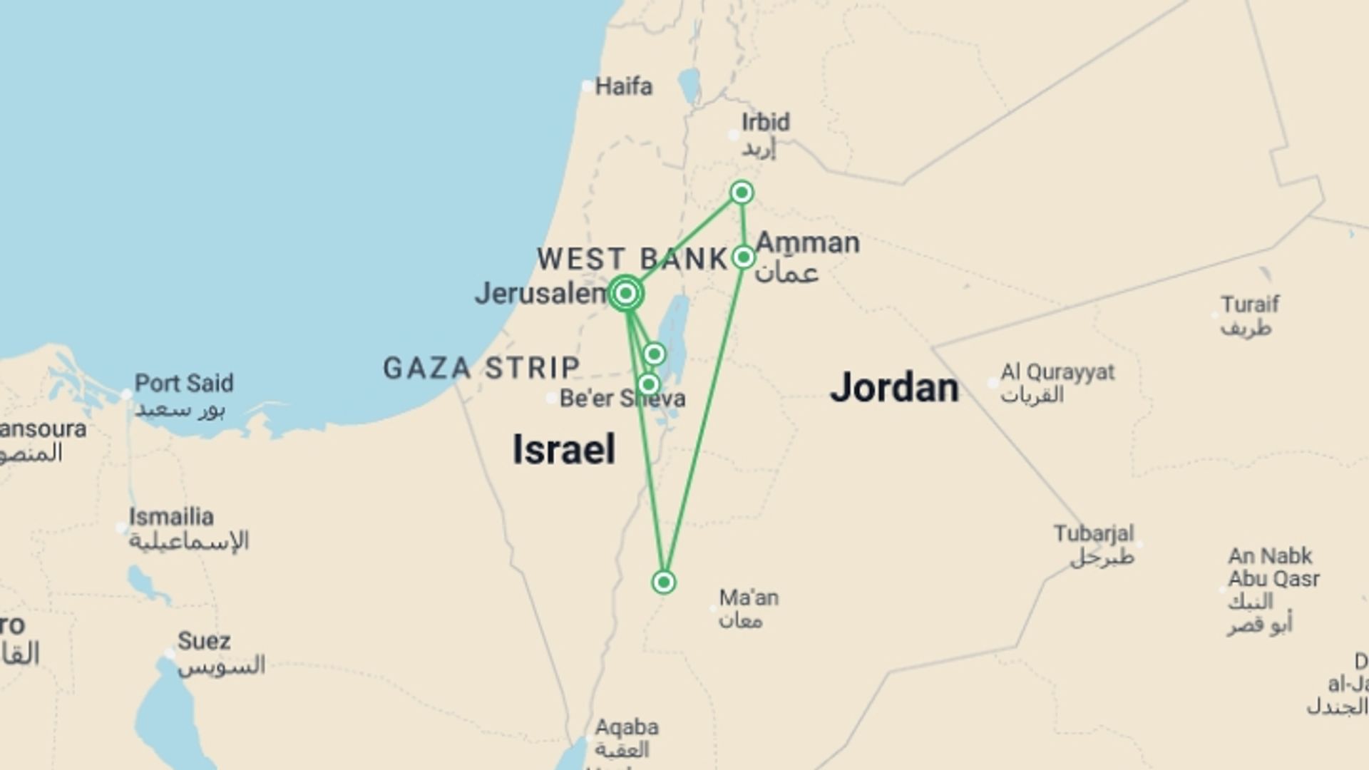 A map showing the tour itinerary for the trip: Israel & Jordan Explorer 7D/6N (from Jerusalem/Tel Aviv), starting in Jerusalem, Israel and ending in Jerusalem, Israel going through 1 other destinations.