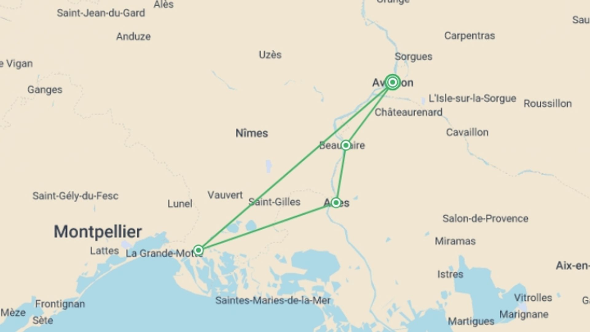 A map showing the tour itinerary for the trip: Christmas Cruise on the Canals of Provence Historical stops and flavors of yesteryear, starting in Avignon, France and ending in Avignon, France going through 4 other destinations.