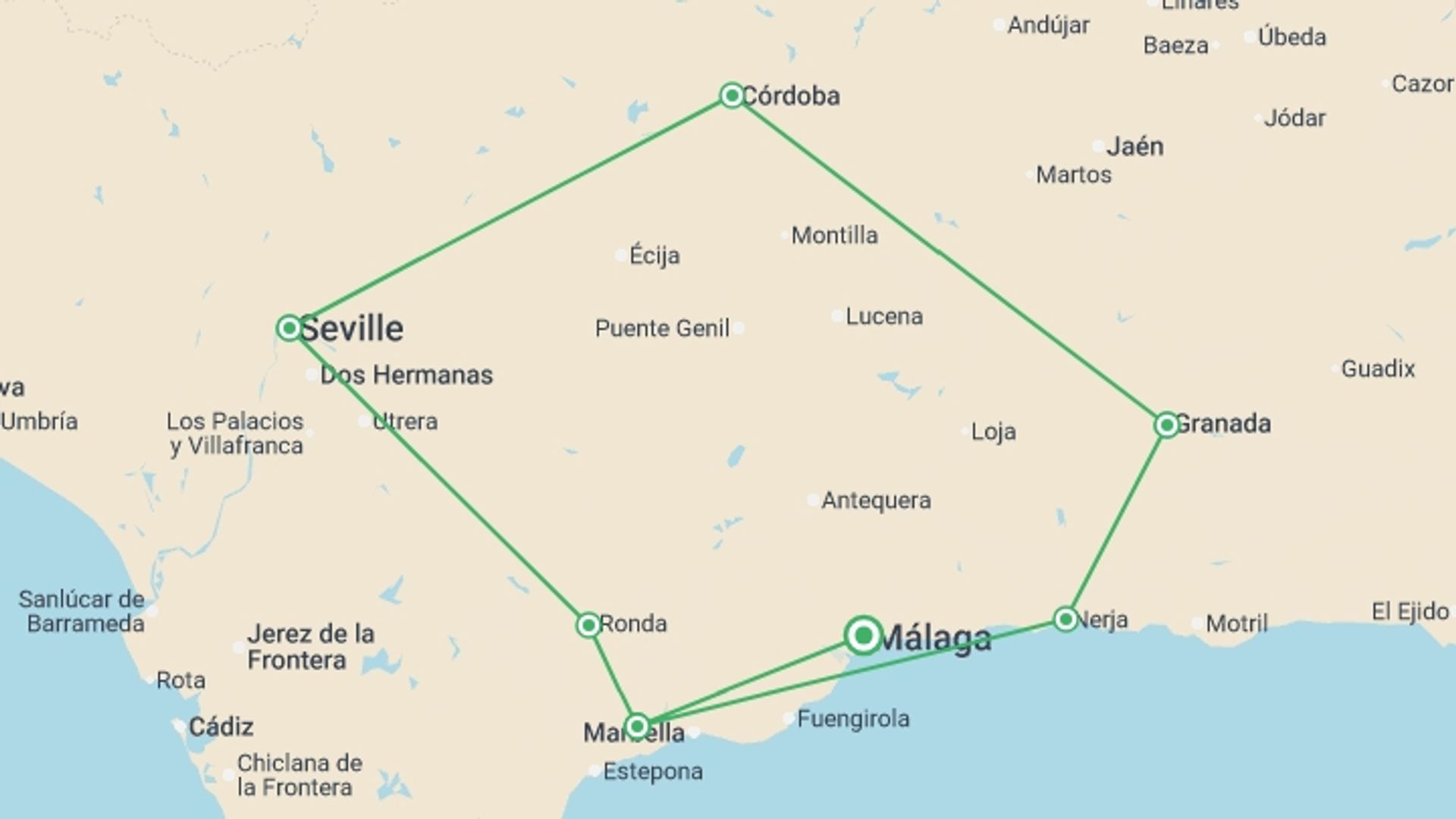 A map showing the tour itinerary for the trip: Andalusian Escape, French-speaking Guide, starting in Benalmádena, Spain and ending in Malaga, Spain going through 3 other destinations.