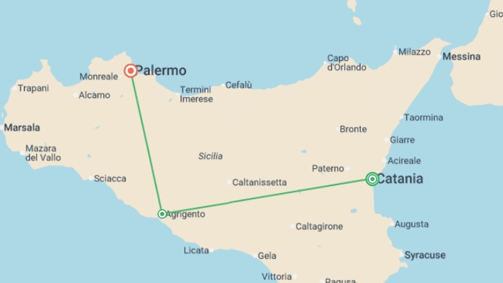 A map showing the tour itinerary for the trip: Solo-ish Sicily, starting in Catania, Italy and ending in Palermo, Italy going through 1 other destinations.