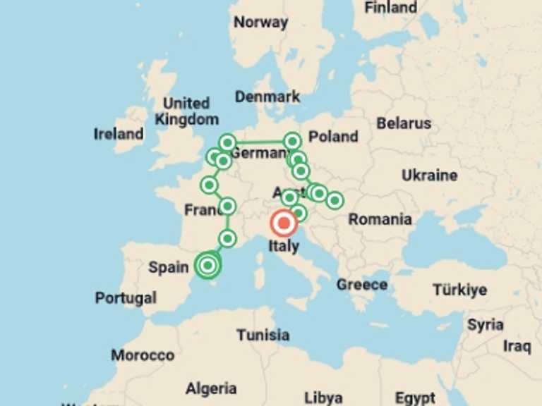 Map itinerary of Paris Tour in June 2027 with 17 destination visits for the trip: Barcelona to Venice