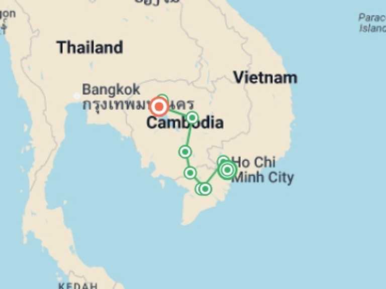 Map of South East Asia Tour with 10 destination visits for the trip: Cycle Vietnam and Cambodia