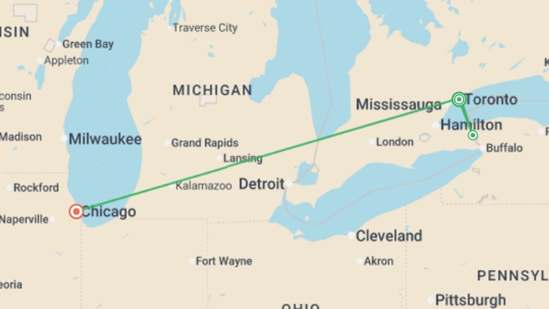 A map showing the tour itinerary for the trip: Toronto, Niagara and Chicago, starting in Toronto, Canada and ending in Chicago, USA going through 2 other destinations.