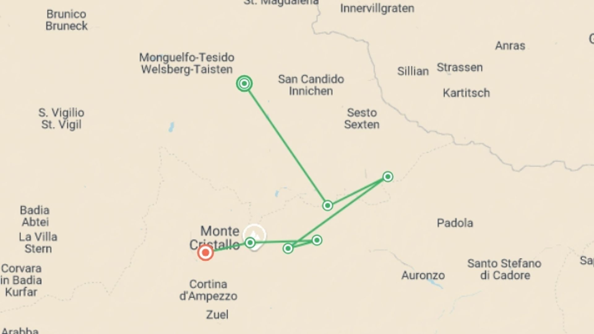 A map showing the tour itinerary for the trip: Via Ferrata Guided Hike and Climb, starting in Niederdorf, Italy and ending in Punta Fiammes, Italy going through 6 other destinations.