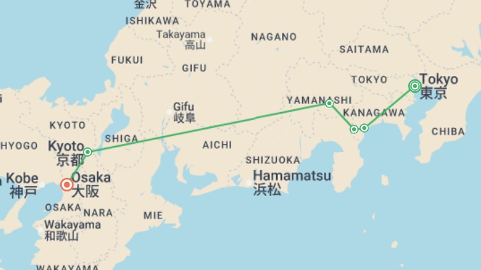 A map showing the tour itinerary for the trip: Essential Japan and Hakone, starting in Tokyo, Japan and ending in Osaka, Japan going through 3 other destinations.