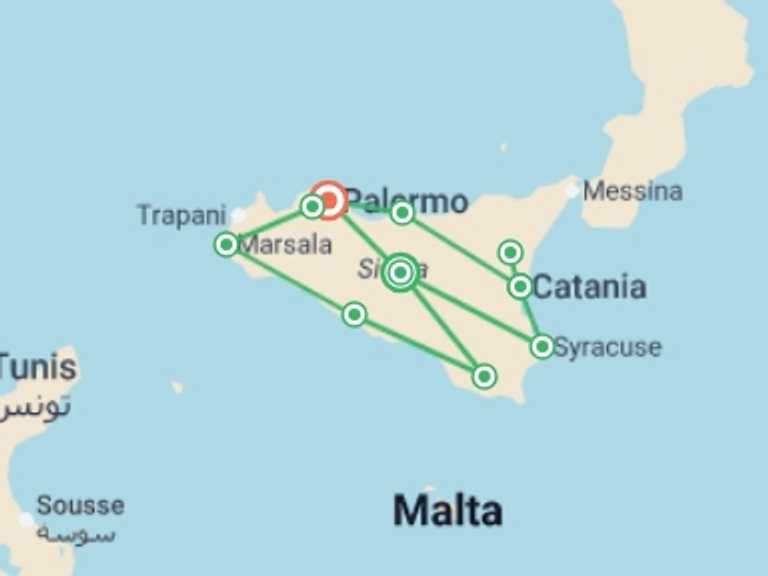Map itinerary of Palermo Tour in Spring with 5 destination visits for the trip: Sensational Sicily