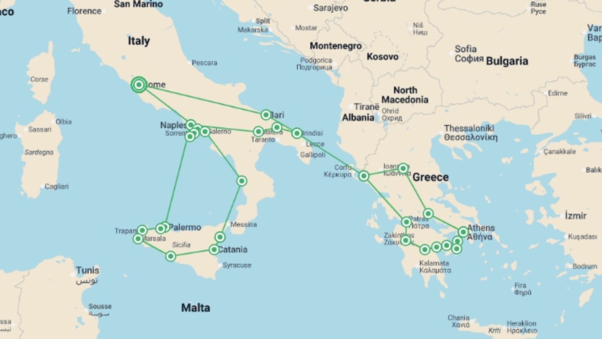 A map showing the tour itinerary for the trip: Rome, Complete Greece and Sicily, starting in Rome, Italy and ending in Rome, Italy going through 12 other destinations.