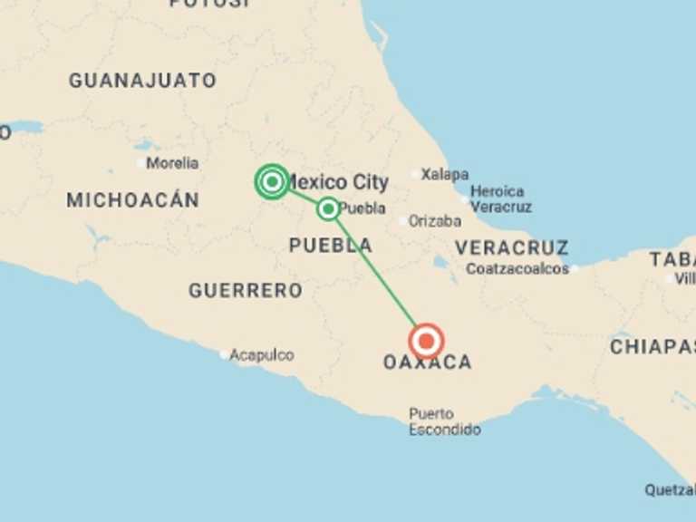Map of North America Tour with 3 destination visits for the trip: Premium Mexico City to Oaxaca