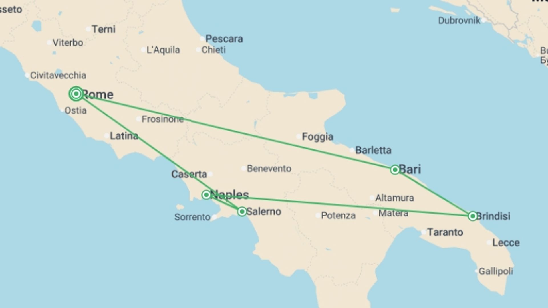 A map showing the tour itinerary for the trip: Beautiful Puglia and Campania, starting in Rome, Italy and ending in Rome, Italy going through 4 other destinations.
