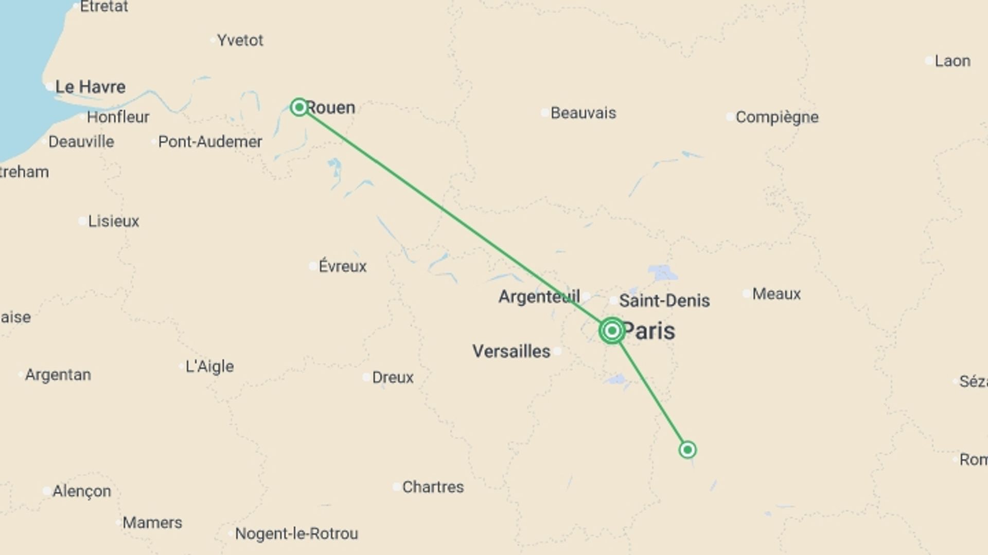 A map showing the tour itinerary for the trip: The history of France from Paris to Normandy, and the exceptional gathering of tall ships at the Armada de Rouen. (port-to-port cruise), starting in Paris, France and ending in Paris, France going through 2 other destinations.