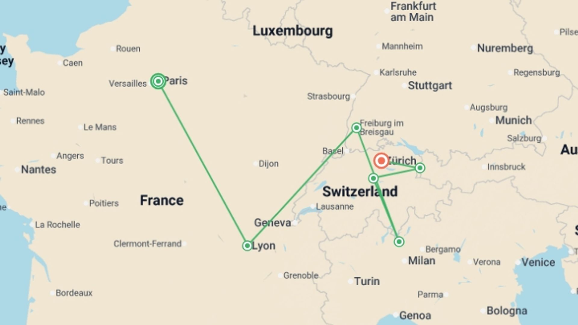 A map showing the tour itinerary for the trip: France and Swiss Alps, starting in Paris, France and ending in Zurich, Switzerland going through 5 other destinations.