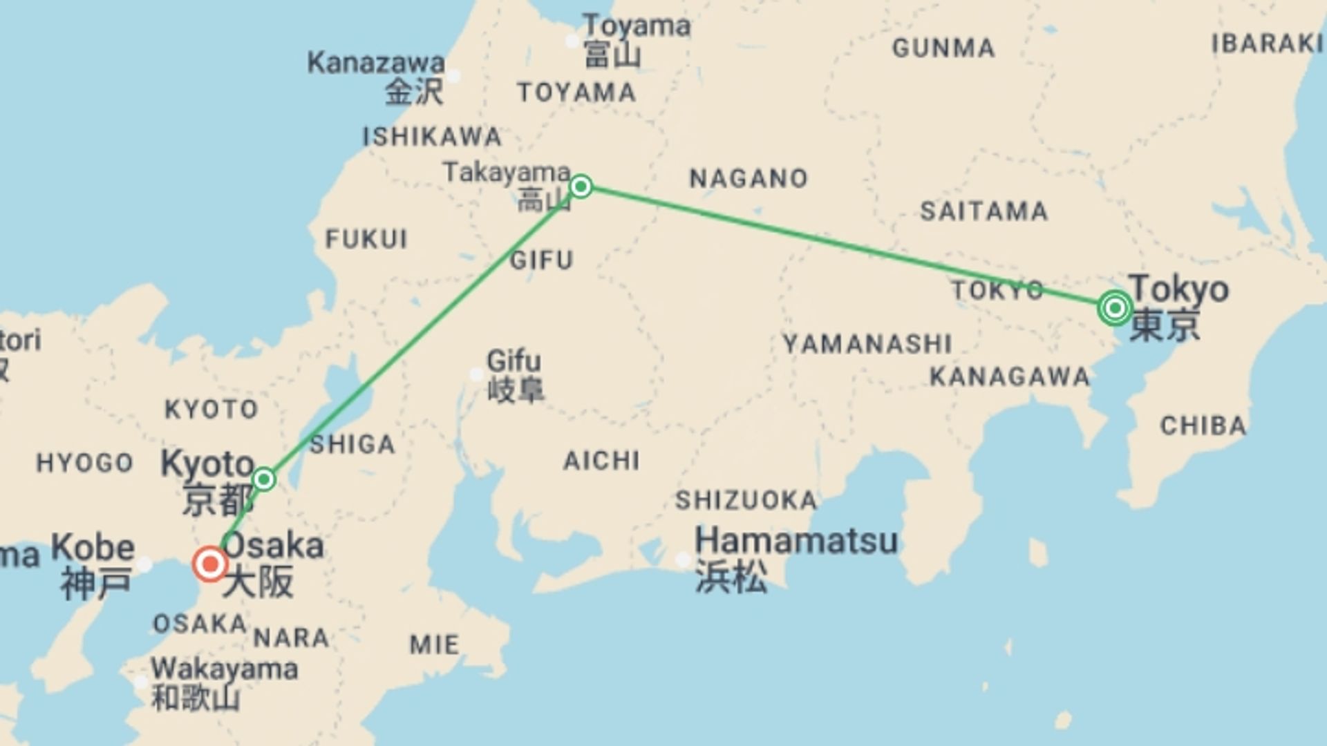 A map showing the tour itinerary for the trip: Culinary Delights & Cultural Wonders of Japan 7D/6N, starting in Tokyo, Japan and ending in Osaka, Japan going through 2 other destinations.