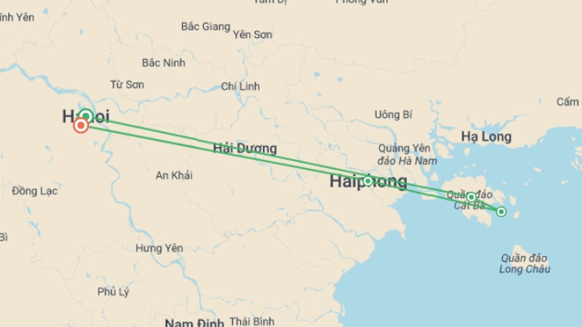A map showing the tour itinerary for the trip: Adventure To Cat Ba And Lan Ha Bay 3 Days 2 Nights (old), starting in Hanoi, Vietnam and ending in Ha Noi, Vietnam going through 3 other destinations.