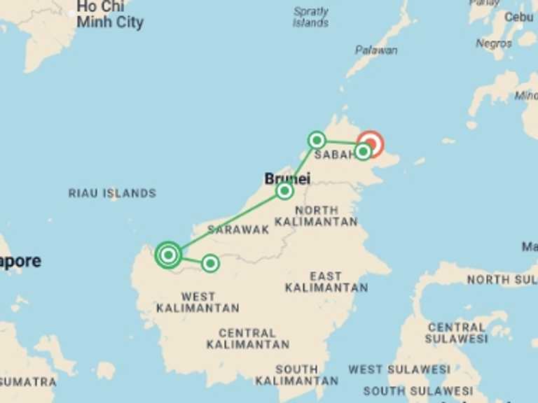 Map of a Wildlife Tour with 6 destination visits for the trip: Premium Borneo in Depth