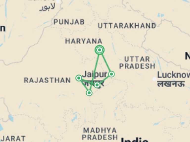 Map itinerary of India Tour in Spring with 4 destination visits for the trip: Golden Triangle & Tigers - 10 days