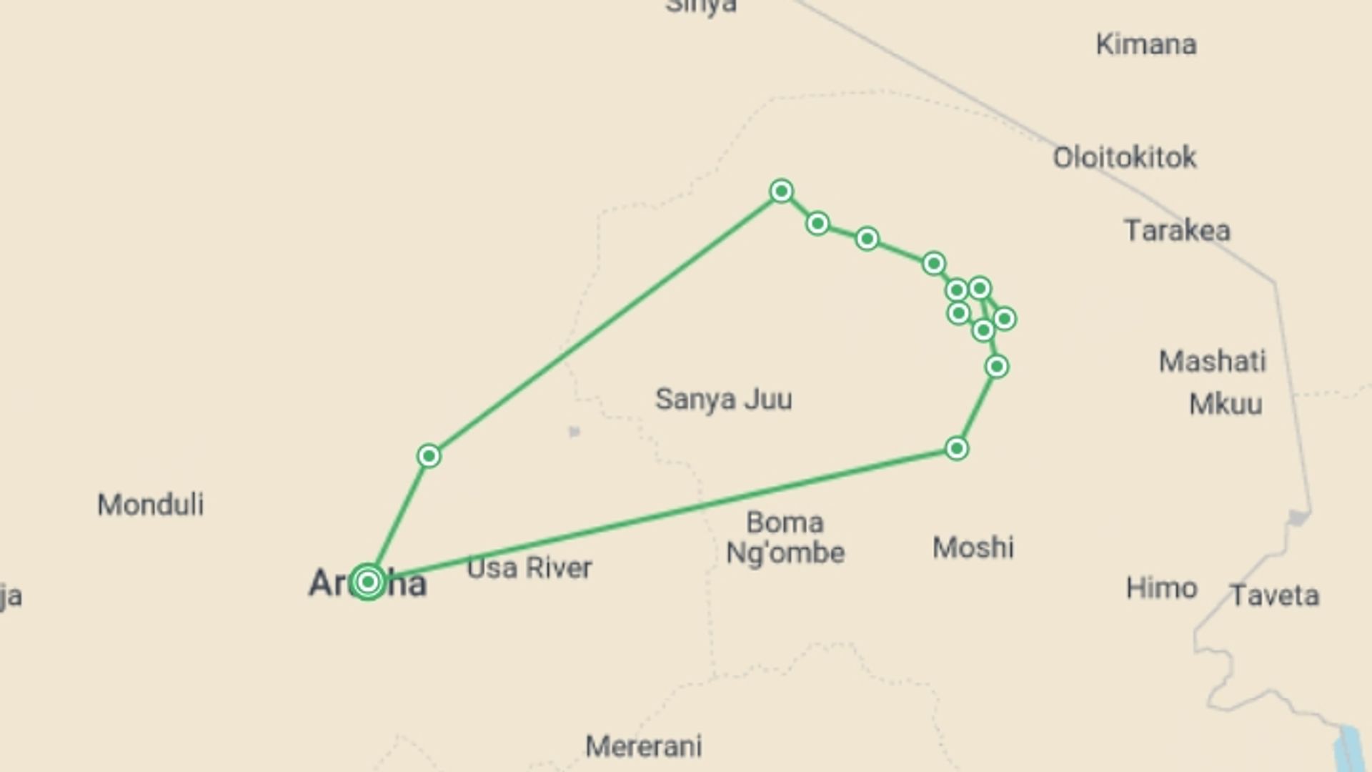 A map showing the tour itinerary for the trip: Mount Kilimanjaro Lemosho Route, starting in Arusha, Tanzania and ending in Arusha, Tanzania going through 10 other destinations.