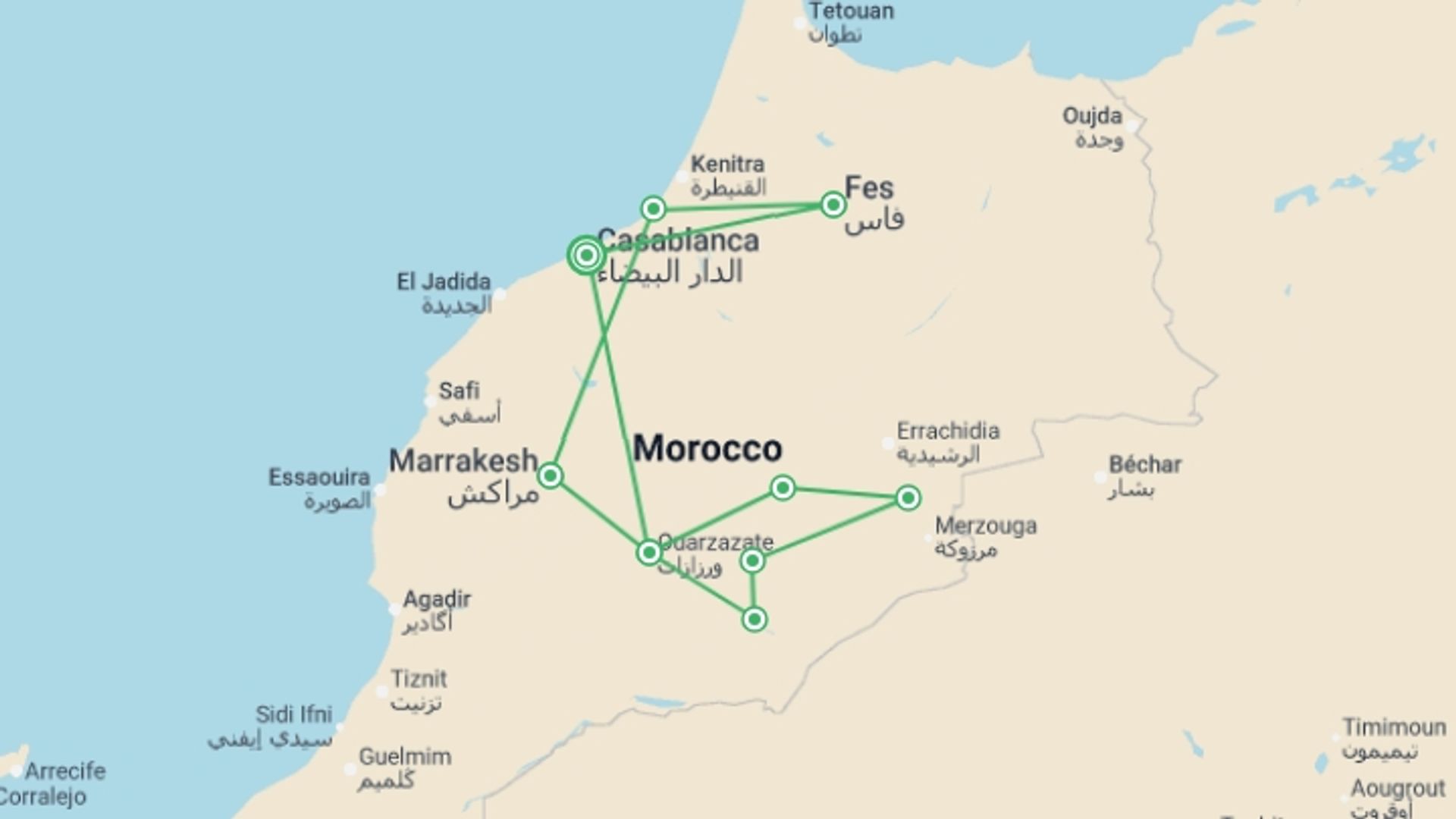 A map showing the tour itinerary for the trip: Picturesque Solo Morocco Tour, starting in Casablanca, Morocco and ending in Casablanca, Morocco going through 5 other destinations.